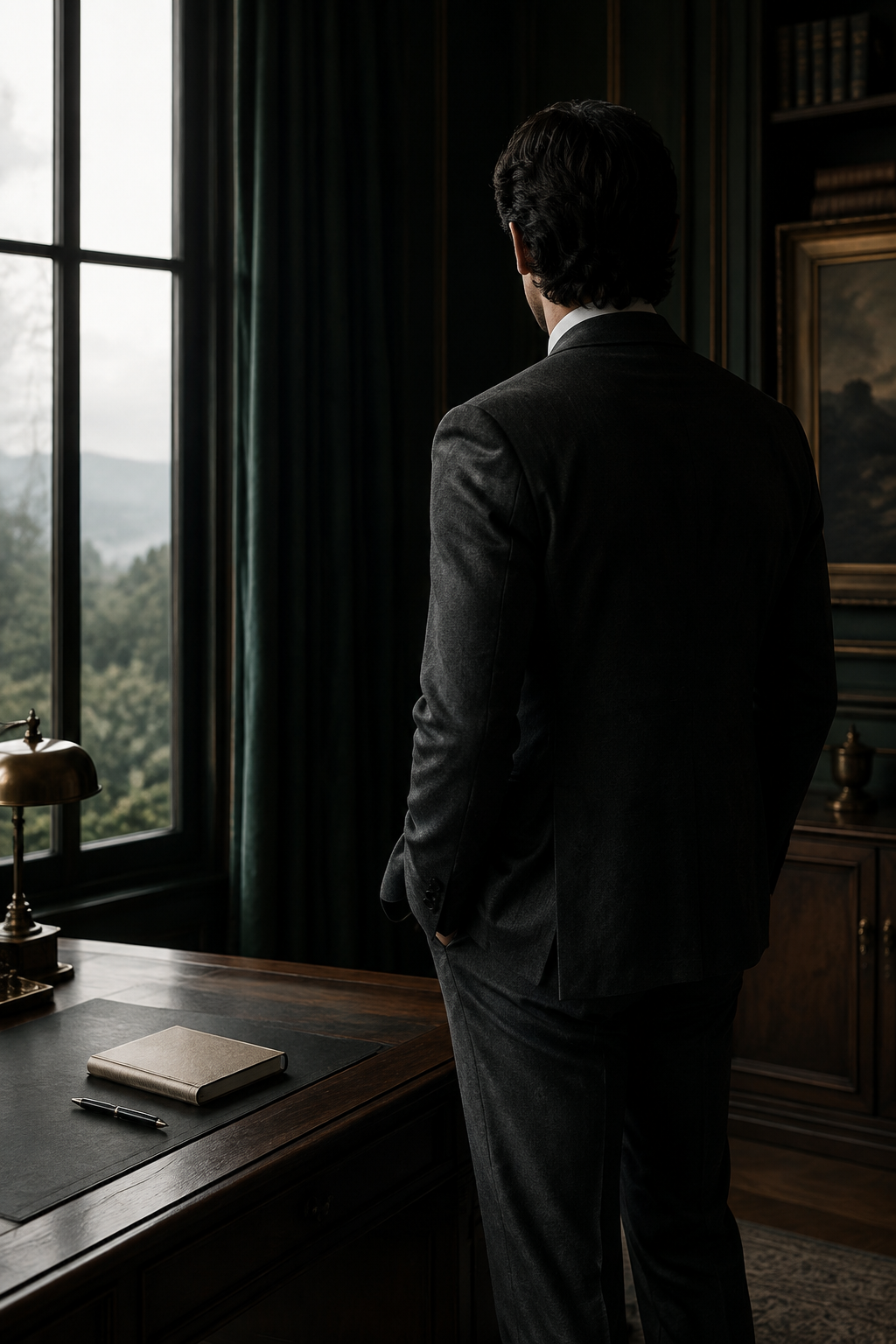 A composed gentleman standing beside a writing desk